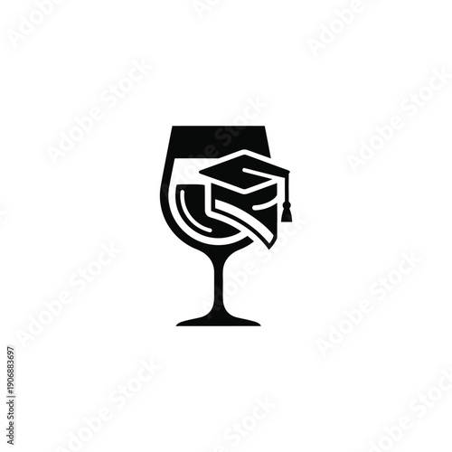Academic wine education icon with glass and graduation cap silhouette for sommelier certification and oenology school