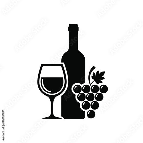 Wine bottle and glass with grapes vector illustration for beverage menu design and winery shop marketing advertisement