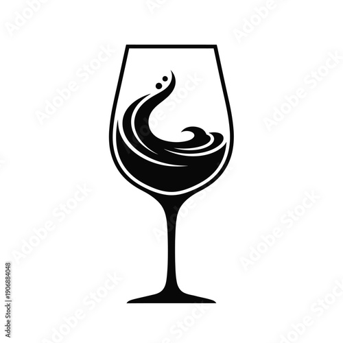 Abstract wine glass with wavy liquid and splash drops artistic silhouette for winery logo or branding graphic design
