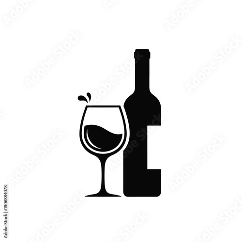 Stylized wine bottle and splashing glass silhouette with droplet detail for contemporary winery logo or digital menu