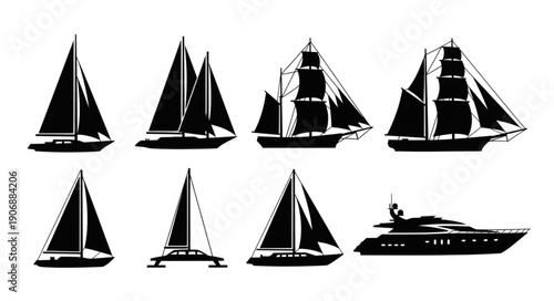 Collection of Various Sailboat and Yacht Silhouettes.
