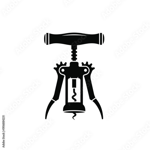 Wing corkscrew for opening wine bottle, black silhouette, isolated on white background vector graphic