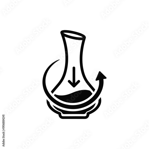 Decanter aeration icon showing wine being poured and swirled for oxygenation process in minimalist black flat line style