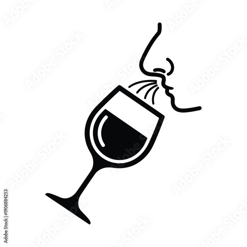 Nose smelling wine glass aroma icon representing sensory evaluation of bouquet in minimal black and white silhouette art