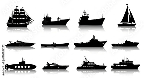 Collection of various ship and boat silhouettes with reflections.