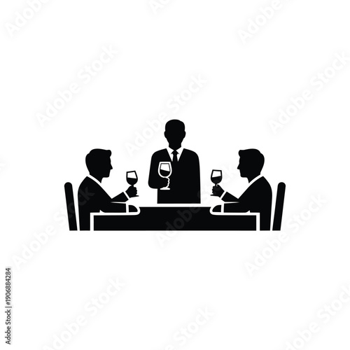 People tasting wine at dinner table with sommelier service icon representing formal restaurant social gathering event