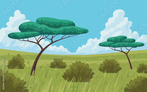 Umbrella tree poster, savanna landscape with green layered foliage and curved trunks design