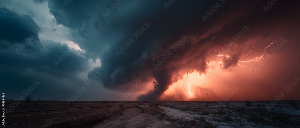 Obraz premium Intense photograph captures a massive tornado touching down in a flat rural landscape with dark debris clouds and bright lightning strikes.