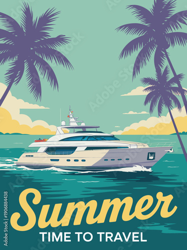 Luxury poster, modern yacht on water framed by purple palm tree silhouettes design