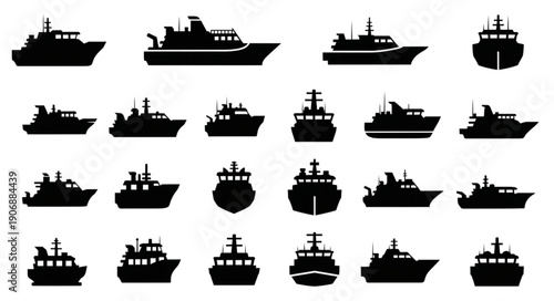 Collection of various ship silhouettes isolated on white background.