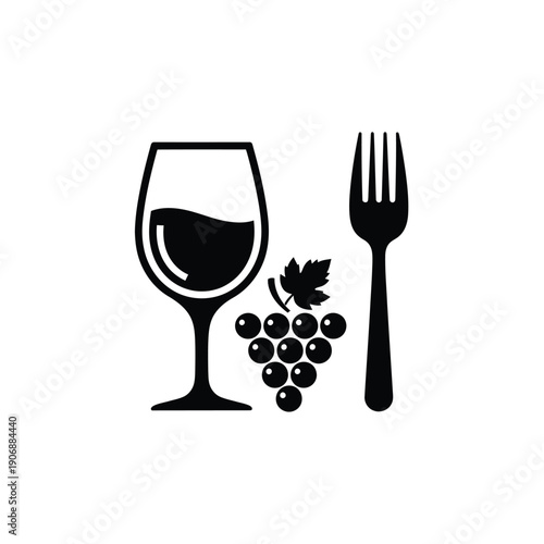 Wine glass with grapes and fork vector icon set for restaurant branding wine tasting event and gourmet food menu design