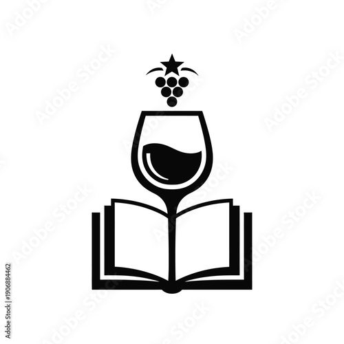 Wine glass and open book icon with grapes and star symbol for wine education sommelier training and beverage knowledge
