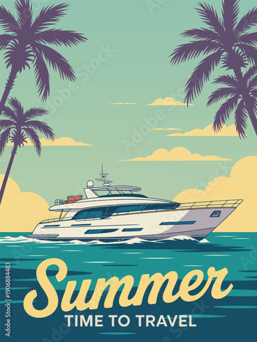 Yacht poster, sleek modern luxury boat with white superstructure and purple palm trees