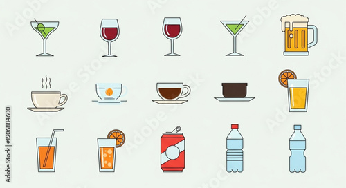 Collection of various drinks and beverages icons.