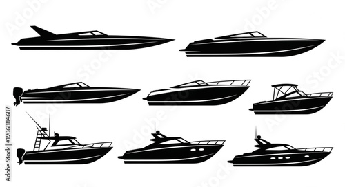 Collection of Various Motorboat Silhouettes on White Background.