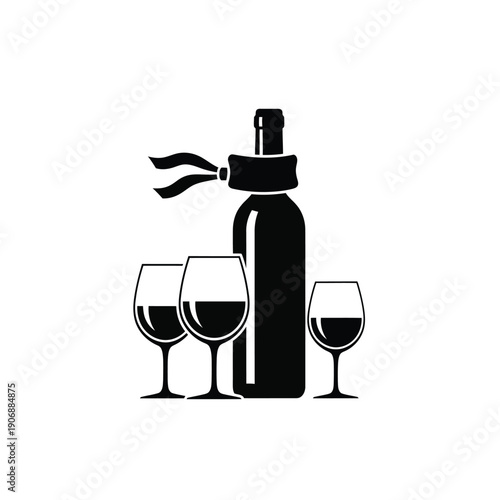 Wine bottle and three glasses with scarf, concept of blind tasting, fun beverage symbol, celebration drink preparation, festive mood.