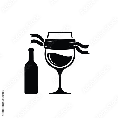 Single wine glass with scarf and bottle, blind tasting idea, mystery beverage, surprising drink, elegant alcohol serving, festive occasion.