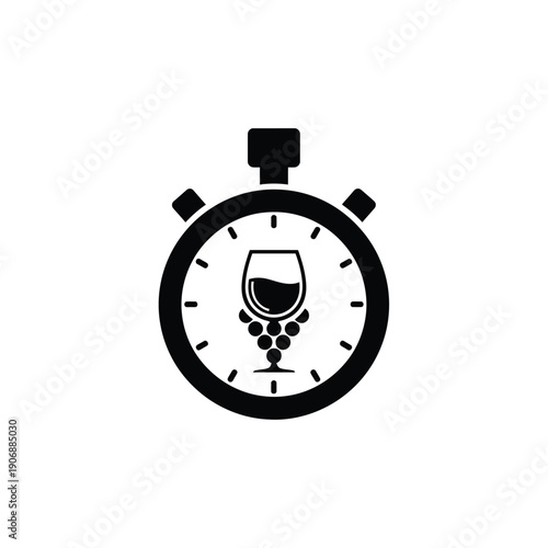 Stopwatch with wine glass and grapes vector icon. wine production timing or harvest schedule illustration