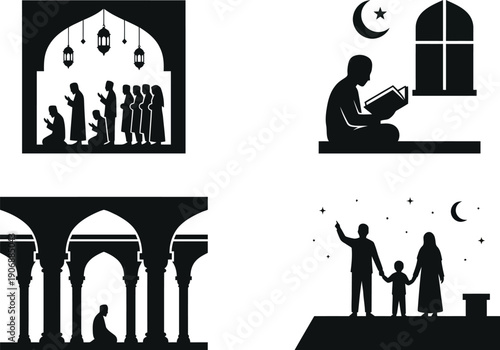 Ramadan Night Activities Silhouette Set with Tarawih Prayer and Quran Reading
