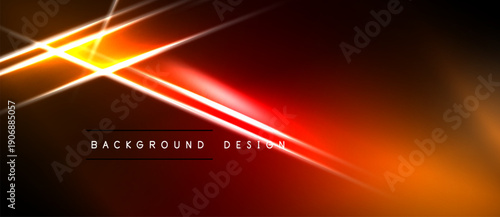 Abstract background features vibrant orange, red lines. Dynamic light streaks create modern visual impact. Dark space dominates composition.