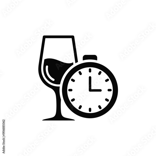 Wine glass with clock vector icon. time for wine or wine aging process concept illustration