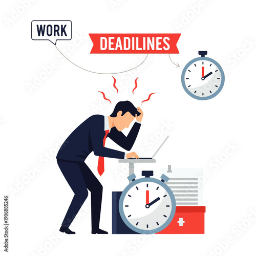 A stressed businessman in a suit holding a clock in an office, symbolizing time pressure, deadlines, and work stress