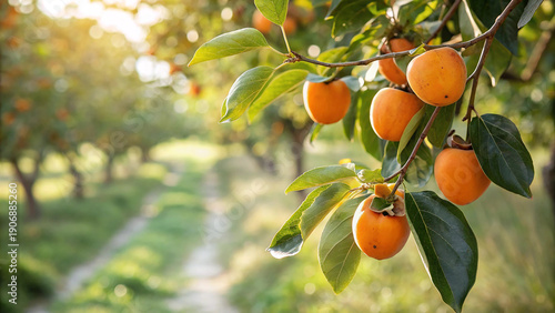 Closeup of ripe persimmons hanging on a tree in an orchard, ready for harvest, with a path leading through the rows of trees