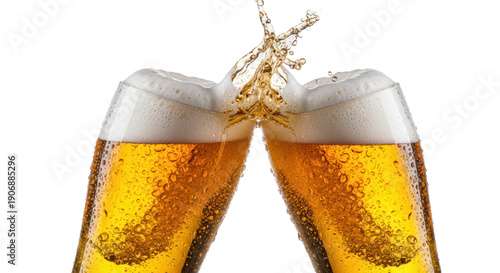 Two pilsner glasses clinking, beer exploding with foam and micro-droplets, condensation, frost, on a brilliant white background, dramatically lit, macro, hyper-photorealistic. Concept for beverage