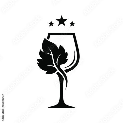 A vector illustration of a wine glass with a vine leaf and three stars, creative simple design for logo or icon