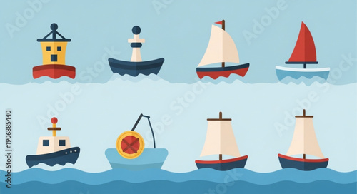 Collection of various nautical vessels and buoys floating on water.