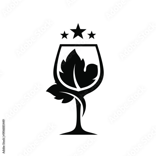 A vector illustration of a wine glass with a prominent vine leaf and three stars, creative simple design