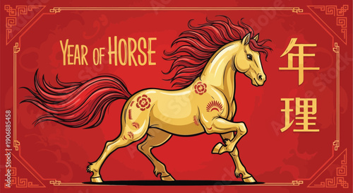 Golden Horse Illustration with Flowing Mane.