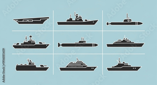 Collection of various naval ships and submarines illustrated.