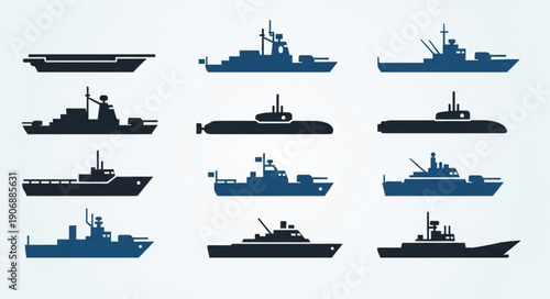 Collection of various navy ship silhouettes in blue.