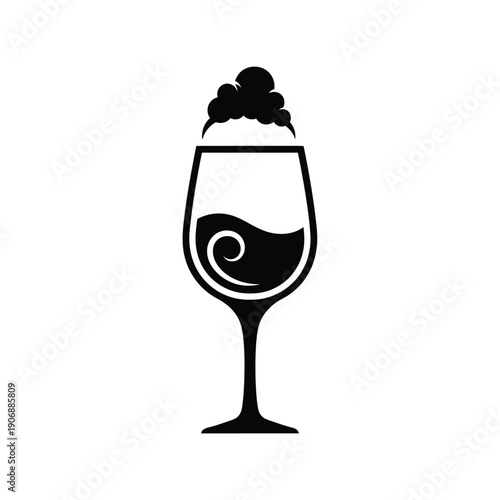 Sparkling wine glass icon with foam bubbles and wave pattern for champagne celebration or craft beer tasting experience
