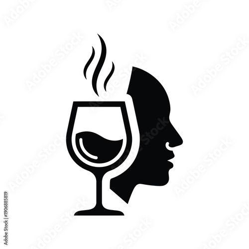 Aroma wine tasting icon with human head silhouette and steam vapor representing sensory experience and olfactory perception