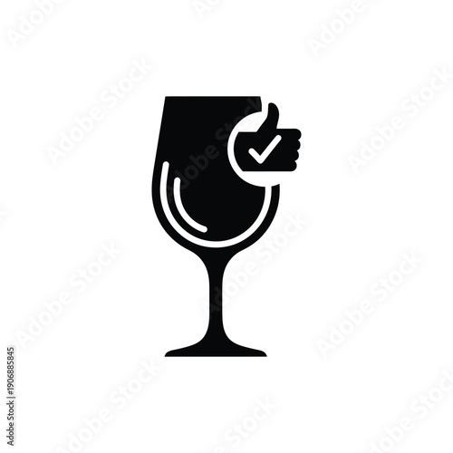 Wine glass with thumbs up icon black and white vector illustration for positive review and recommendation