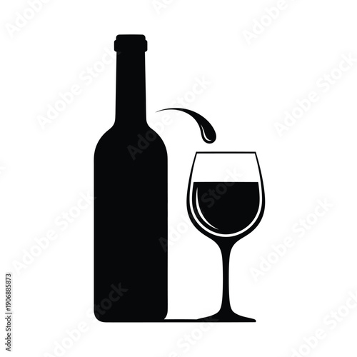 Wine bottle and glass icon black and white vector illustration for alcoholic beverages and parties