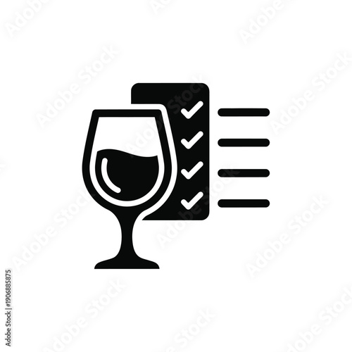 Wine glass with checklist and tick marks, beverage list and tasting notes, alcohol choice and selection icon