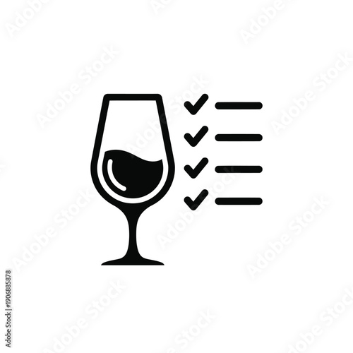 Wine glass with checklist and tick marks, beverage list and tasting notes, alcohol choice and selection icon