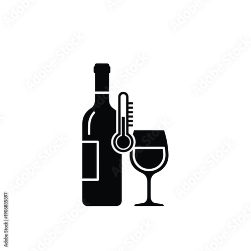 Bottle and wine glass with thermometer, drink temperature, alcohol measure and control, beverage chilling and warming