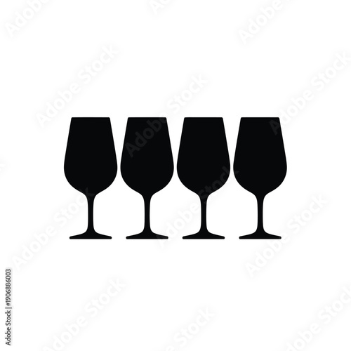 Collection of four black wine glasses silhouette in flat style, vector isolated on white background