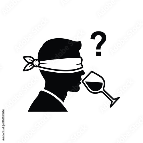 Blindfolded man tasting wine with question mark symbol for wine tasting event or guessing game