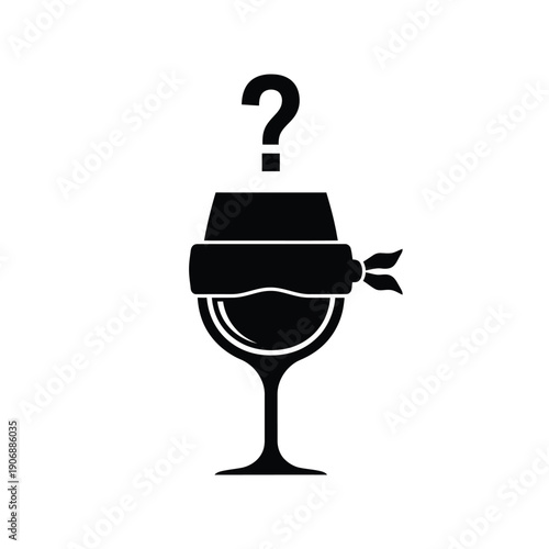 Blind tasting wine glass with question mark above symbol for unknown beverage or mystery drink