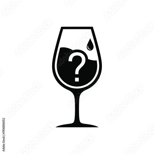 Wine glass filled with liquid and question mark inside symbol for unknown flavor or wine discovery