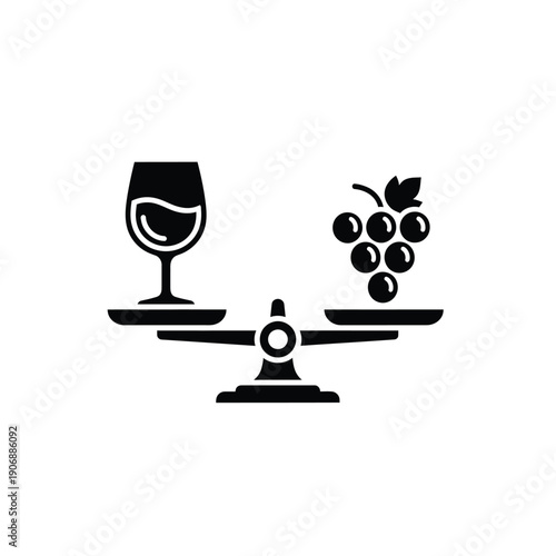 Scales balancing wine glass and grapes symbol for wine versus grape comparison or choice