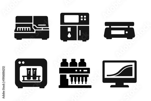 Laboratory analyzer and diagnostic machine icons set. Medical testing vector illustration