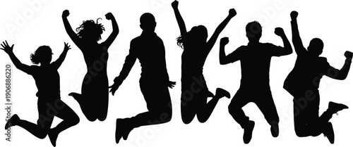 Diverse group of people jumping in the air in silhouette on a white background celebration