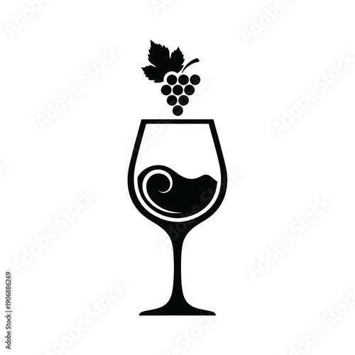 Wine glass with swirling liquid and grapes on top, symbol of winemaking and rich flavor