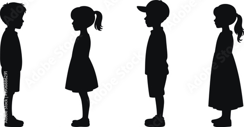 Four children in silhouette standing facing sideways, two boys and two girls kids